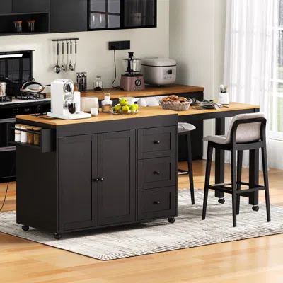 Streamdale Furniture Streamdale Kitchen Island W/ Extendable Table, 3 Drawers, Outlet, Wheels, Spice Rack - Black