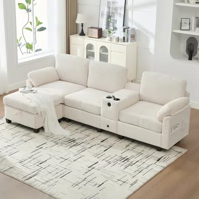 Streamdale Furniture Streamdale L-shape Corduroy Sofa: 4-seater, Usb, Storage, Console & Ottoman In White