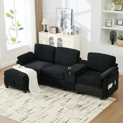 Streamdale Furniture Streamdale L-shape Corduroy Sofa: 4-seater, Usb, Storage, Console & Ottoman In Black