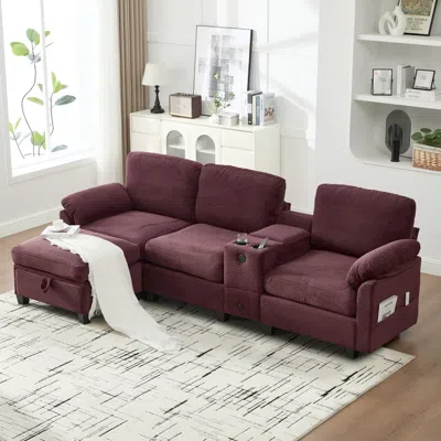 Streamdale Furniture Streamdale L-shape Corduroy Sofa: 4-seater, Usb, Storage, Console & Ottoman In Brown