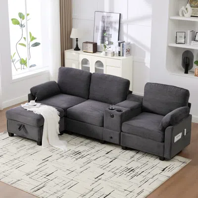 Streamdale Furniture Streamdale L-shape Corduroy Sofa: 4-seater, Usb, Storage, Console & Ottoman In Gray