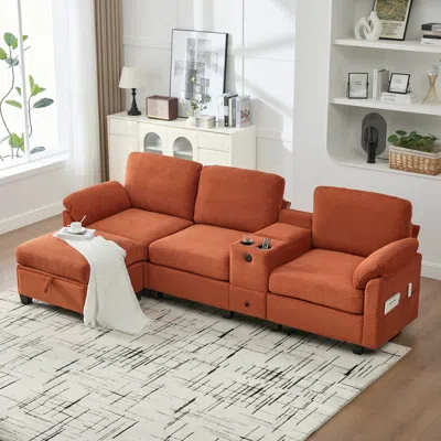 Streamdale Furniture Streamdale L-shape Corduroy Sofa: 4-seater, Usb, Storage, Console & Ottoman In Orange