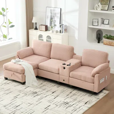 Streamdale Furniture Streamdale L-shape Corduroy Sofa: 4-seater, Usb, Storage, Console & Ottoman In Pink