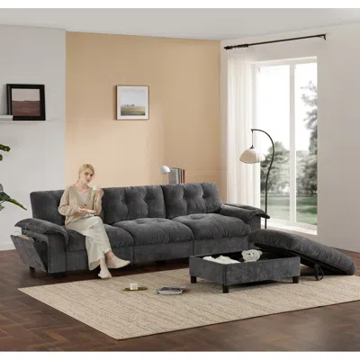 Streamdale Furniture Streamdale L-shape Sectional Sofa W/ Ottoman, Charging, Cup Holder, Storage In Gray