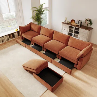 Streamdale Furniture Streamdale L-shaped 4-seat Sectional Sofa W/ Ottoman, Crescent Arms, Chenille Orange