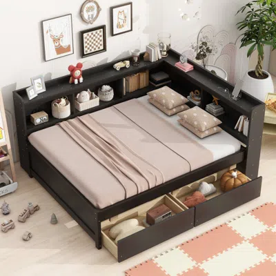 Streamdale Furniture Streamdale L-shaped Bed With Bookcase, Drawers, Usb & Power - Espresso