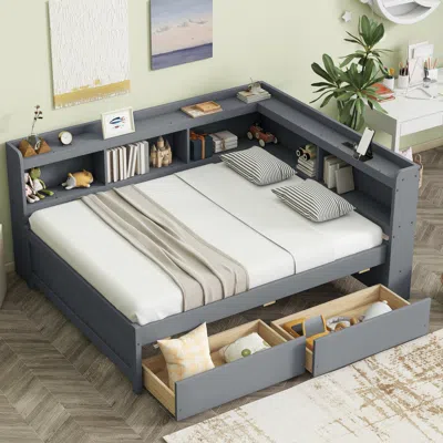 Streamdale Furniture Streamdale L-shaped Bookcase Bed With Power Outlets, Usb & Drawers - Grey In Gray