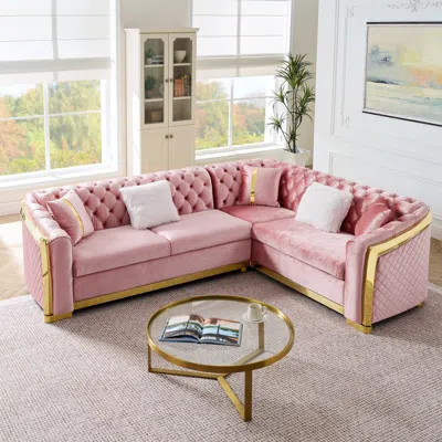 Streamdale Furniture Streamdale L-shaped Chesterfield Velvet Sectional Sofa, Gold Accents, 5 Pillows, Pink