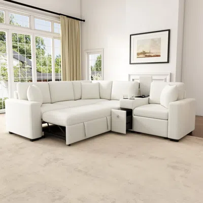 Streamdale Furniture Streamdale L-shaped Convertible Sofa Bed Modular Sectional With Pull-out Bed, White