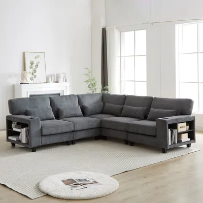 Streamdale Furniture Streamdale L-shaped Corduroy Sectional Sofa With Storage & Cup Holder