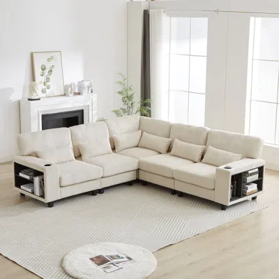 Streamdale Furniture Streamdale L-shaped Corduroy Sectional Sofa With Storage & Cup Holder