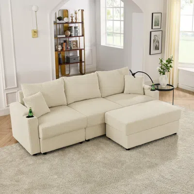 Streamdale Furniture Streamdale L-shaped Corduroy Sofa With Ottoman, Storage & Cup Holders