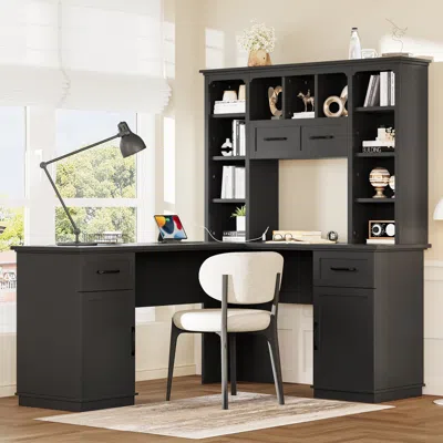 Streamdale Furniture Streamdale L-shaped Desk W/ Cabinets, Drawers, Shelves & Flip-up Storage - Black