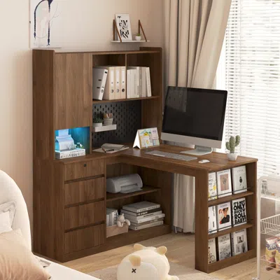 Streamdale Furniture Streamdale L-shaped Desk With Drawers, Bookshelf & Led Light