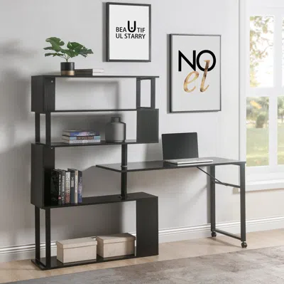 Streamdale Furniture Streamdale L-shaped Desk With Rotating Table And Bookshelf In Black