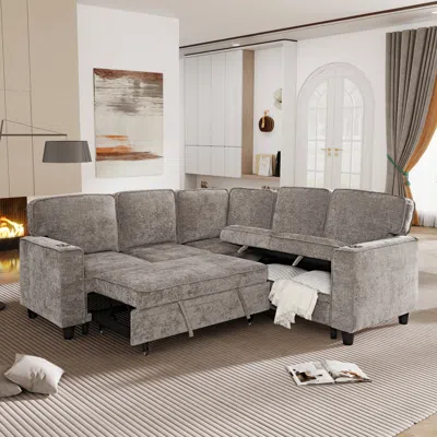 Streamdale Furniture Streamdale L-shaped Pull Out Sleeper Sofa Bed With Storage & Usb, Light Brown
