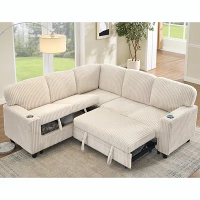 Streamdale Furniture Streamdale L-shaped Sectional Sofa Bed With Pull-out Bed & Storage, Beige