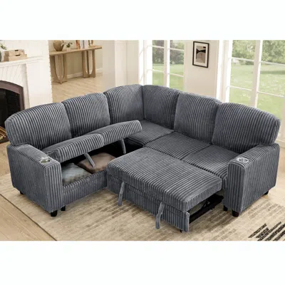 Streamdale Furniture Streamdale L-shaped Sectional Sofa Bed With Pull-out Bed & Storage, Grey Corduroy In Gray