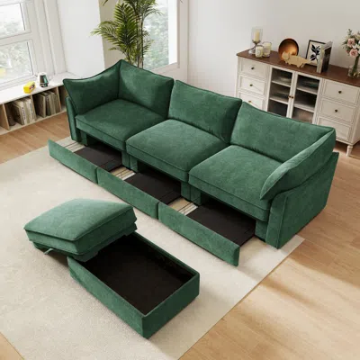 Streamdale Furniture Streamdale L-shaped Sectional Sofa, Ottoman, Wide Deep Seat, Chenille Green