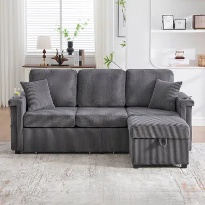 Streamdale Furniture Streamdale L-shaped Sectional Sofa W/ Storage Ottoman, Usb, Cup Holder, Corduroy