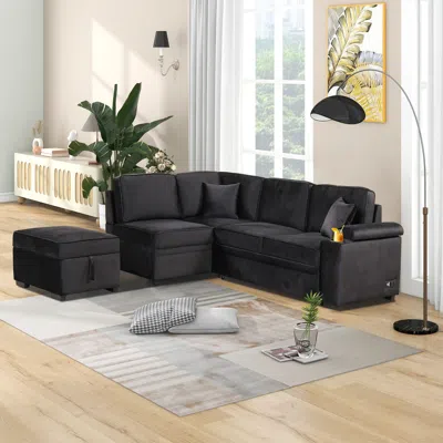 Streamdale Furniture Streamdale L-shaped Sleeper Sofa With Storage Ottoman In Black