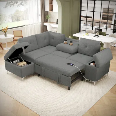 Streamdale Furniture Streamdale L-shaped Sofa Bed With Storage, Cup Holders & Usb