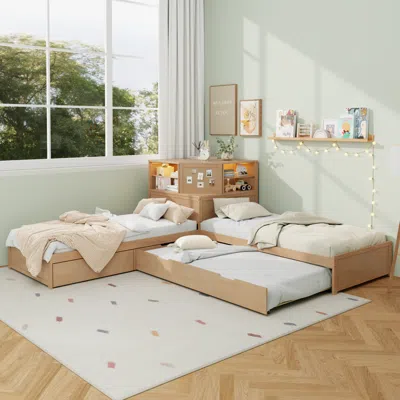 Streamdale Furniture Streamdale L-shaped Twin Bed Frame W/ Trundle, Drawer, Desk & Led - Natural In Brown