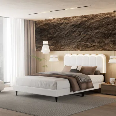 Streamdale Furniture Streamdale Lambswool Cream Headboard Bed Frame W/ Light, Queen In White