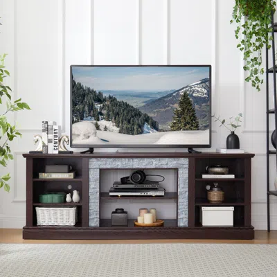 Streamdale Furniture Streamdale Large Faux Stacked Stone Tv Stand & Media Console W/ Storage Cabinet, Cherry In Multi