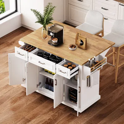 Streamdale Furniture Streamdale Large Kitchen Island With Drop Leaf, Embossed Rolling Cart With Storage