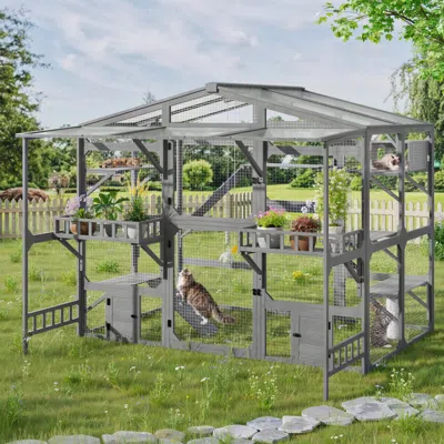 Streamdale Furniture Streamdale Large Outdoor Catio For 6-10 Cats With Weatherproof Roof And 6 Platforms Grey In Gray