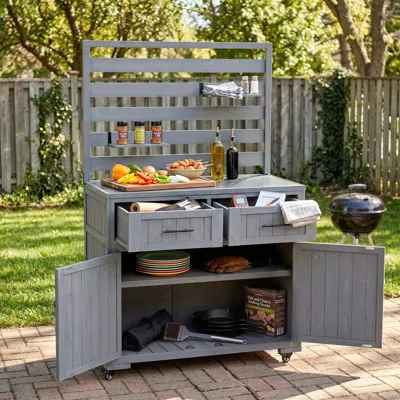 Streamdale Furniture Streamdale Large Solid Wood Outdoor Kitchen Island & Grill Prep Table, Gray