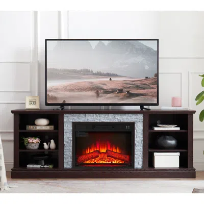 Streamdale Furniture Streamdale Large Tv Desk Storage Rack With Faux Stacked Stone Surround, Media Console Table In Brown