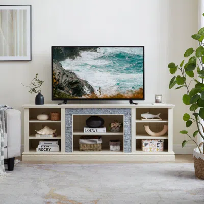 Streamdale Furniture Streamdale Large Tv Desk Storage Rack With Faux Stacked Stone Surround, White, 70.12"w*15.35"d*25.83