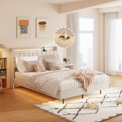 Streamdale Furniture Streamdale Led Light Bed Frame Queen Beige