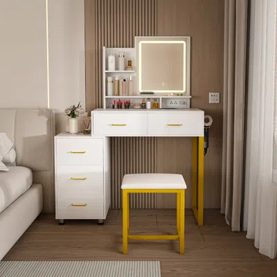 Streamdale Furniture Streamdale Led Lighted Makeup Vanity With Drawers & Metal Chair (white)