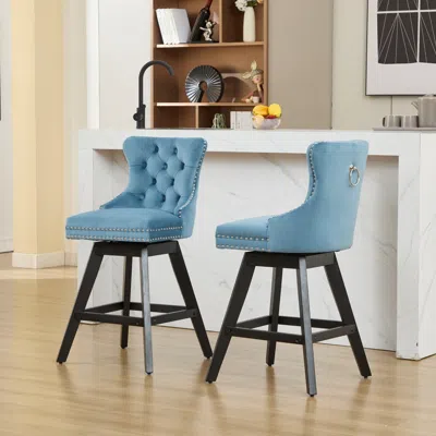 Streamdale Furniture Streamdale Light Blue Velvet Swivel Bar Stools, Button Tufted, Wood Legs, Set Of 2