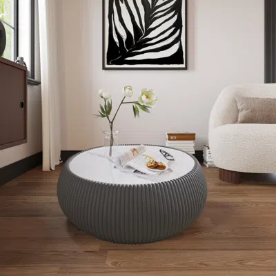 Streamdale Furniture Streamdale Light Marble Top Leather Drum Coffee Table In Gray