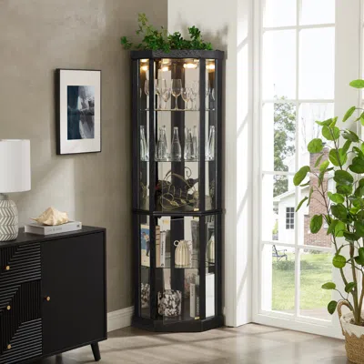 Streamdale Furniture Streamdale Lighted Corner Curio Cabinet - Glass Display Case - Black