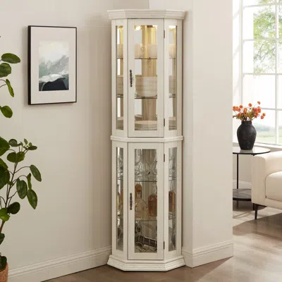 Streamdale Furniture Streamdale Lighted Corner Curio Cabinet - Glass Display Shelf - White