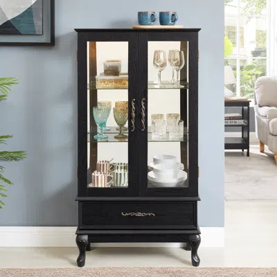 Streamdale Furniture Streamdale Lighted Curio Cabinet With Glass Doors, Led Lights, Black Finish