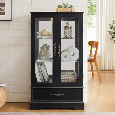 Streamdale Furniture Streamdale Lighted Glass Curio Cabinet - 2-door Display, Drawer, Bulb - Black