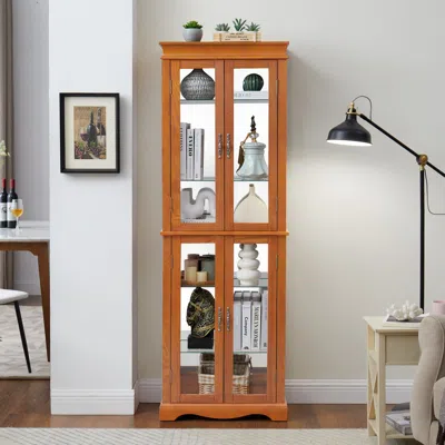 Streamdale Furniture Streamdale Lighted Glass Curio Cabinet - Wood Frame, Oak In Brown