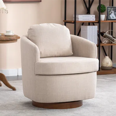 Streamdale Furniture Streamdale Linen Fabric Swivel Accent Chair With Soild Wood Round Brown Base In Neutral