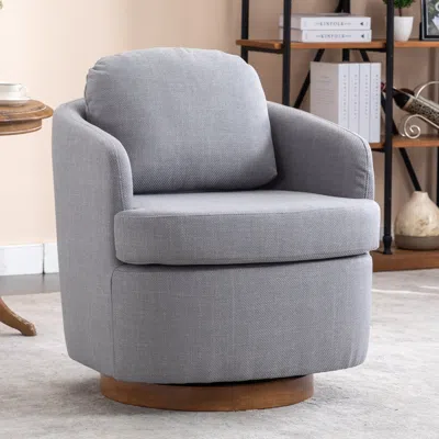 Streamdale Furniture Streamdale Linen Fabric Swivel Accent Chair With Soild Wood Round Brown Base In Neutral