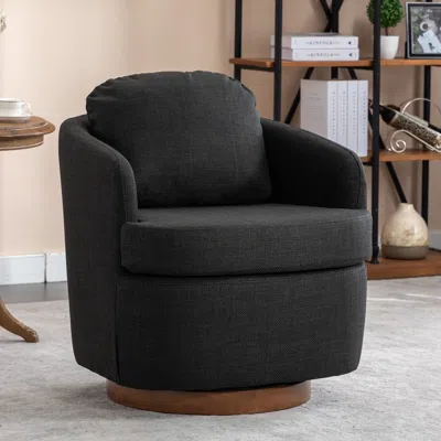 Streamdale Furniture Streamdale Linen Fabric Swivel Accent Chair With Soild Wood Round Brown Base In Black