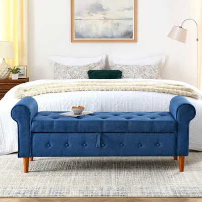 Streamdale Furniture Streamdale Linen Upholstered Storage Bench, Rolled Arm Design In Blue