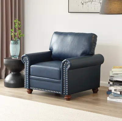 Streamdale Furniture Streamdale Living Room Sofa Single Seat Chair With Wood Leg Navy Blue Faux Leather