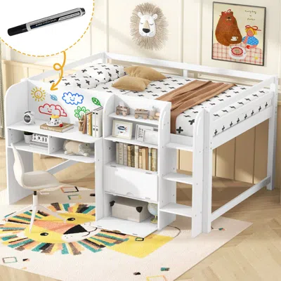 Streamdale Furniture Streamdale Low Loft Bed With Desk, Storage, Bookcase & Whiteboard - White