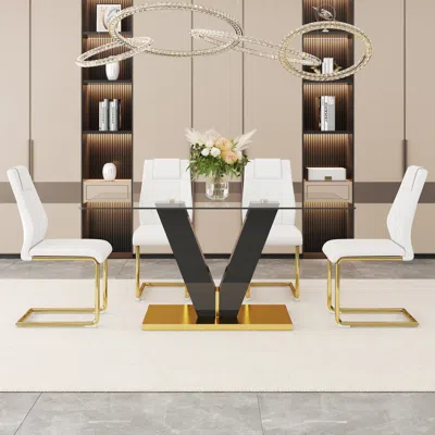 Streamdale Furniture Streamdale Luxurious 6-piece Dining Set Tempered Glass Table And 4 Pu Chairs